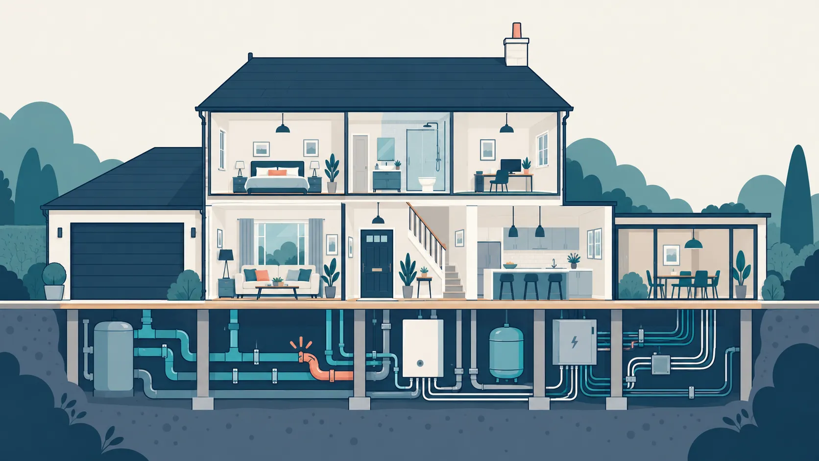 Cutaway illustration of a modern house showing hidden plumbing, electrical wiring and heating systems beneath the floor, with a vulnerable pipe highlighted in coral.